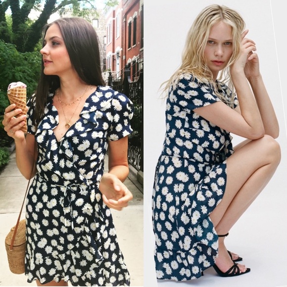 REALISATION 90s Silk Daisy Floral Print Short Sleeve Ruffled V-Neck Wrap Dress M - Picture 9 of 16